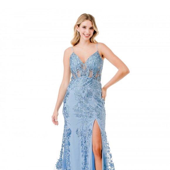 NEW LONG FORMAL SLEEVELESS SHEATH SEQUIN EMBELLISHED GOWN W/ V-NECK AS L2864W